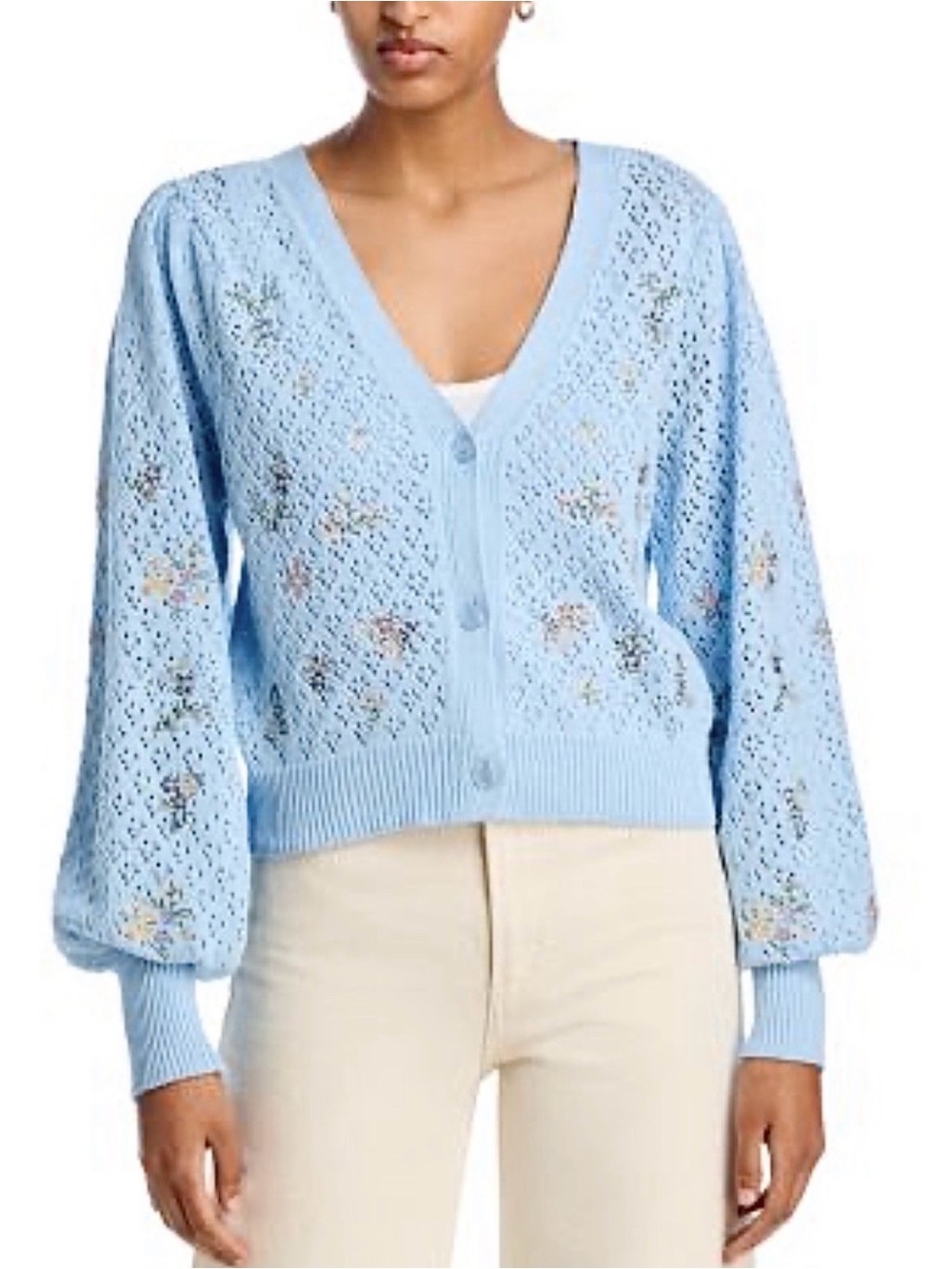 Aqua Pointelle Crochet Bright Sky Blue Embroidered Cardigan Ballon Puff Sleeves